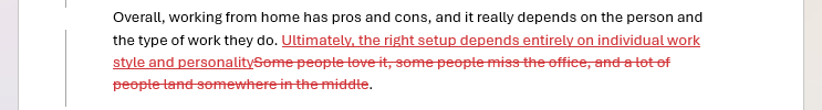 Example track changes replacing text in Word